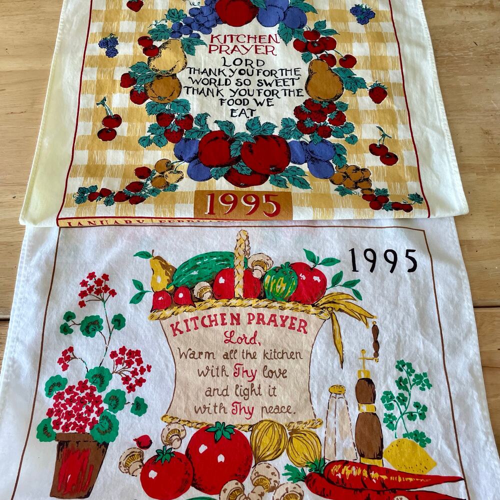 Vintage 1995 Tea Towel Calendar Set of 2 Fruit Basket Fruit Wreath Motif EUC